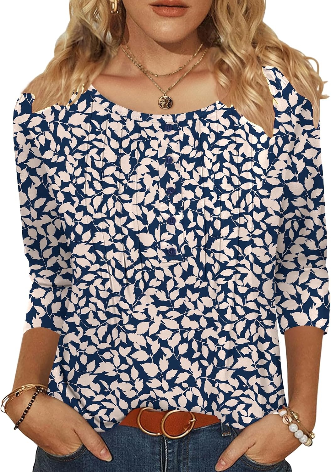 image:imageZeagoo 34 Length Sleeve Womens Tops Round Neck Casual Summer Tunic Tops Basic Tees Blouses Dressy TShirts Pleated ShirtsSp64