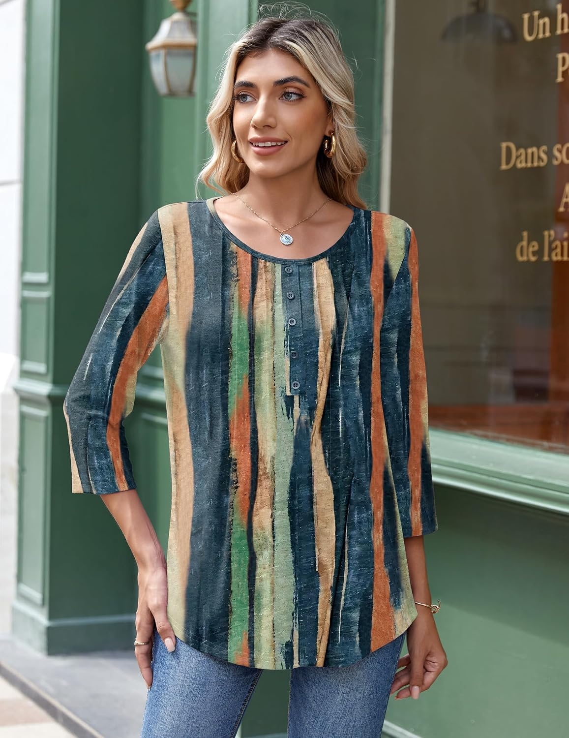 image:imageZeagoo 34 Length Sleeve Womens Tops Round Neck Casual Summer Tunic Tops Basic Tees Blouses Dressy TShirts Pleated ShirtsTie Dye