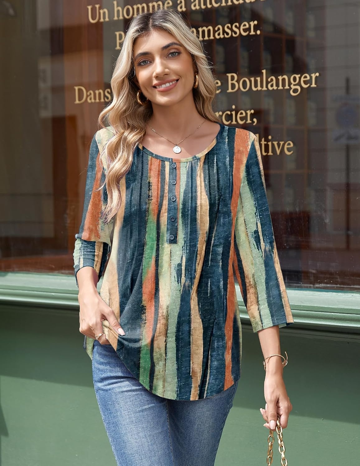image:imageZeagoo 34 Length Sleeve Womens Tops Round Neck Casual Summer Tunic Tops Basic Tees Blouses Dressy TShirts Pleated ShirtsTie Dye