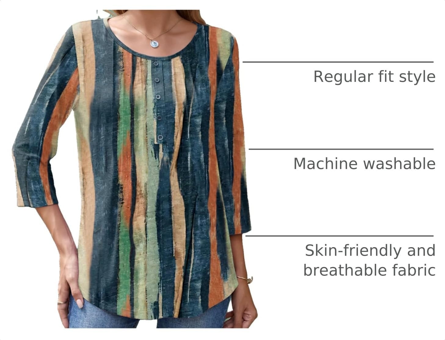 image:imageZeagoo 34 Length Sleeve Womens Tops Round Neck Casual Summer Tunic Tops Basic Tees Blouses Dressy TShirts Pleated ShirtsTie Dye