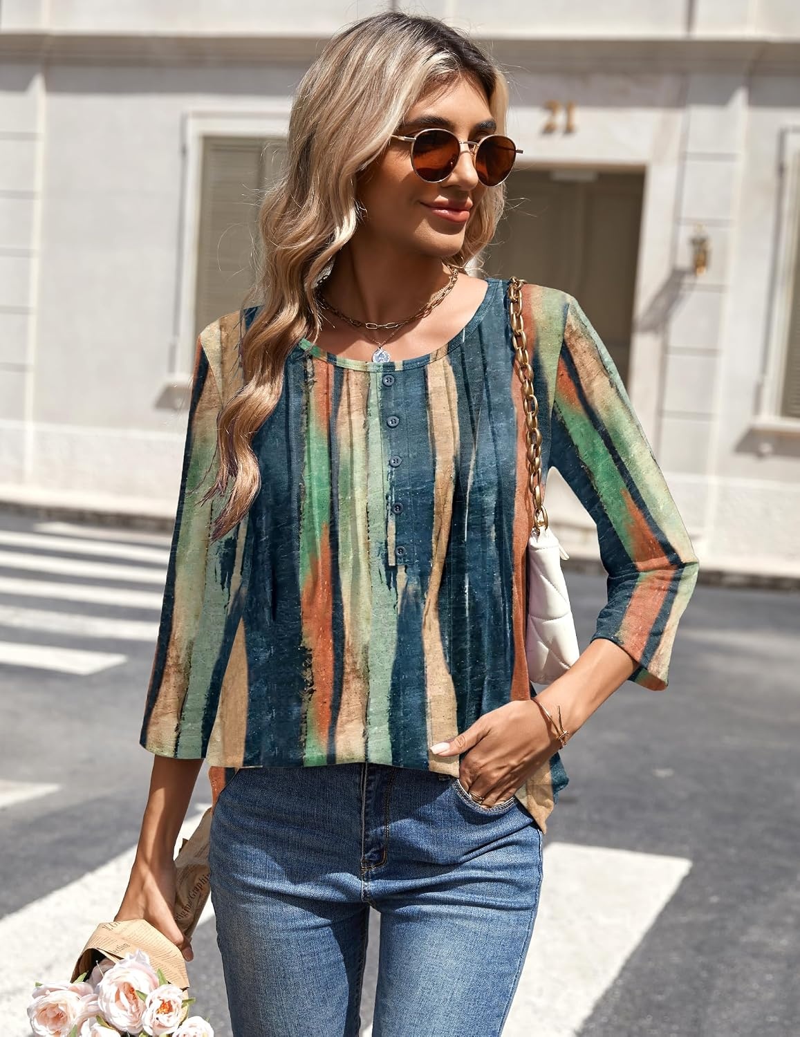 image:imageZeagoo 34 Length Sleeve Womens Tops Round Neck Casual Summer Tunic Tops Basic Tees Blouses Dressy TShirts Pleated ShirtsTie Dye