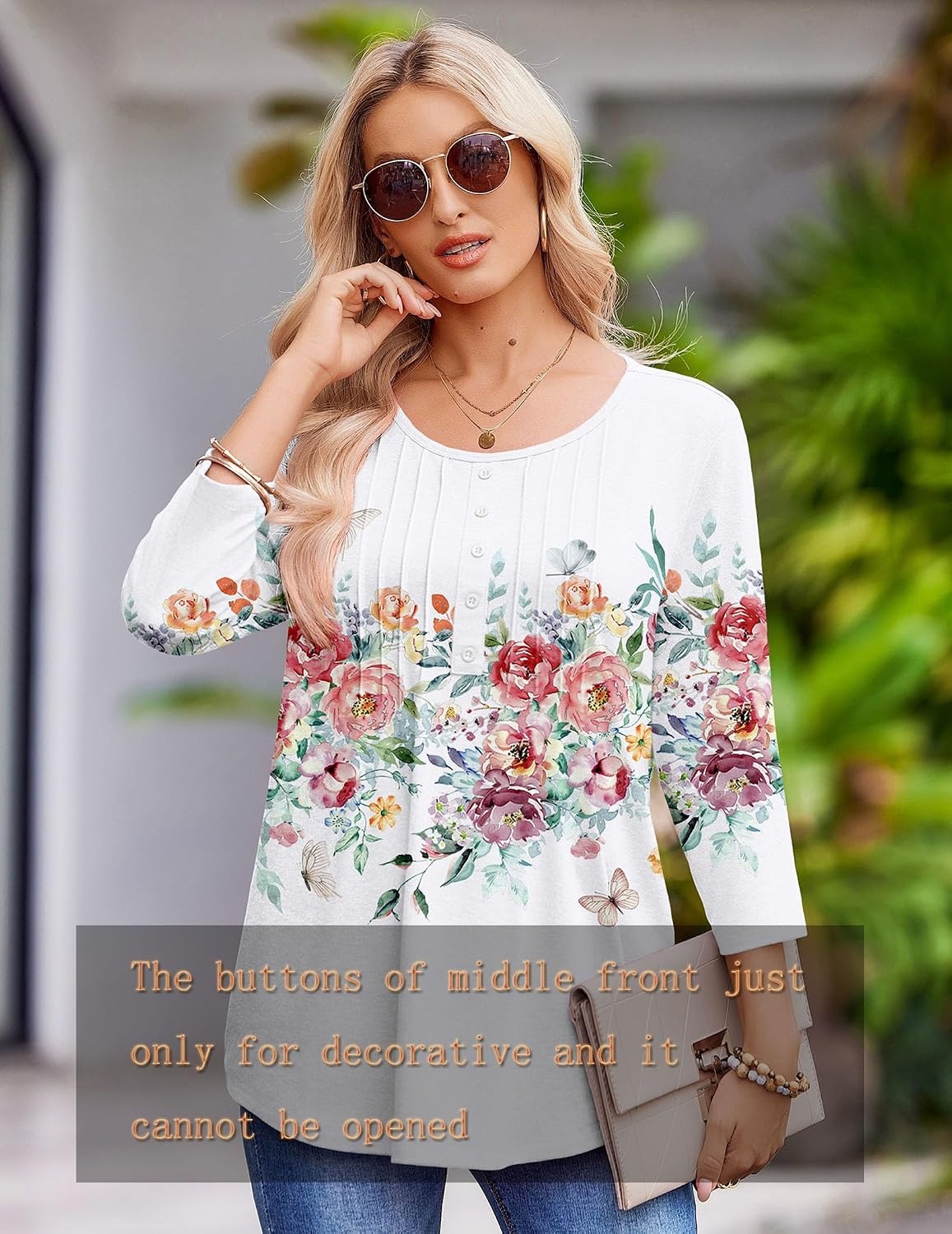 image:imageZeagoo 34 Length Sleeve Womens Tops Round Neck Casual Summer Tunic Tops Basic Tees Blouses Dressy TShirts Pleated ShirtsWhite
