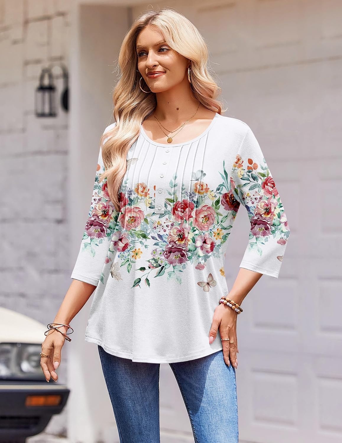 image:imageZeagoo 34 Length Sleeve Womens Tops Round Neck Casual Summer Tunic Tops Basic Tees Blouses Dressy TShirts Pleated ShirtsWhite