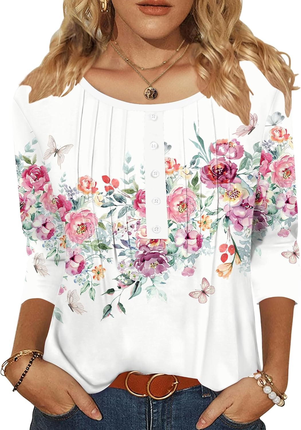 image:imageZeagoo 34 Length Sleeve Womens Tops Round Neck Casual Summer Tunic Tops Basic Tees Blouses Dressy TShirts Pleated ShirtsWhite