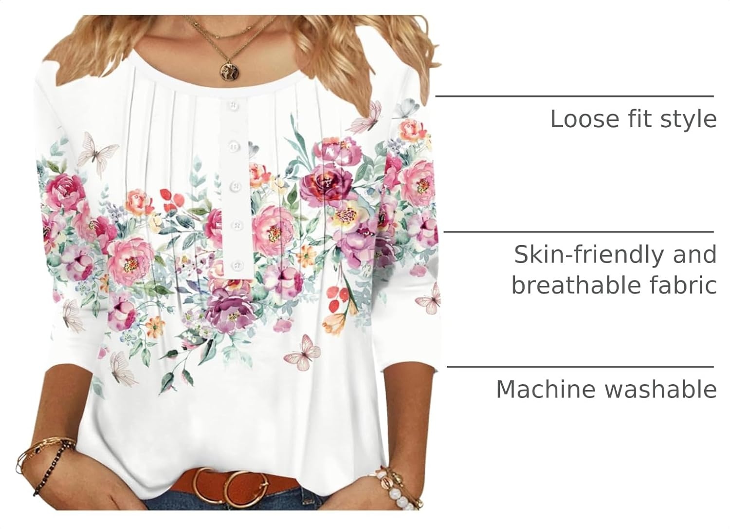 image:imageZeagoo 34 Length Sleeve Womens Tops Round Neck Casual Summer Tunic Tops Basic Tees Blouses Dressy TShirts Pleated ShirtsWhite
