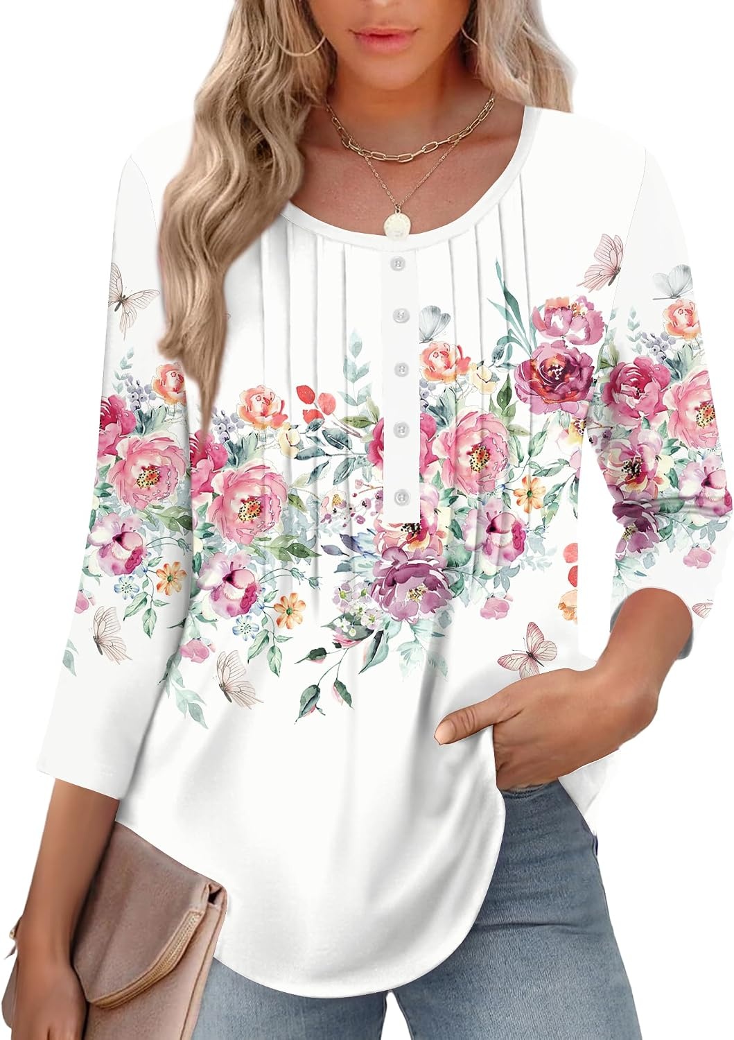image:imageZeagoo 34 Length Sleeve Womens Tops Round Neck Casual Summer Tunic Tops Basic Tees Blouses Dressy TShirts Pleated ShirtsWhite