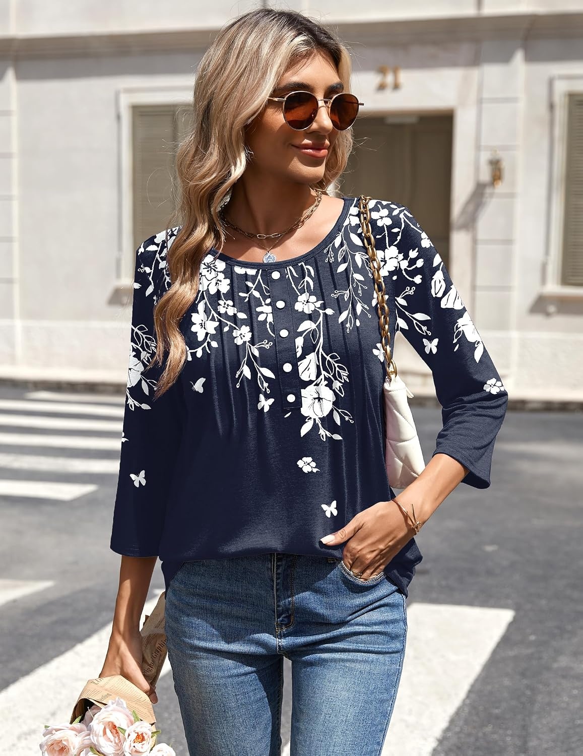 image:imageZeagoo 34 Length Sleeve Womens Tops Round Neck Casual Summer Tunic Tops Basic Tees Blouses Dressy TShirts Pleated ShirtsWhite Flowersf103