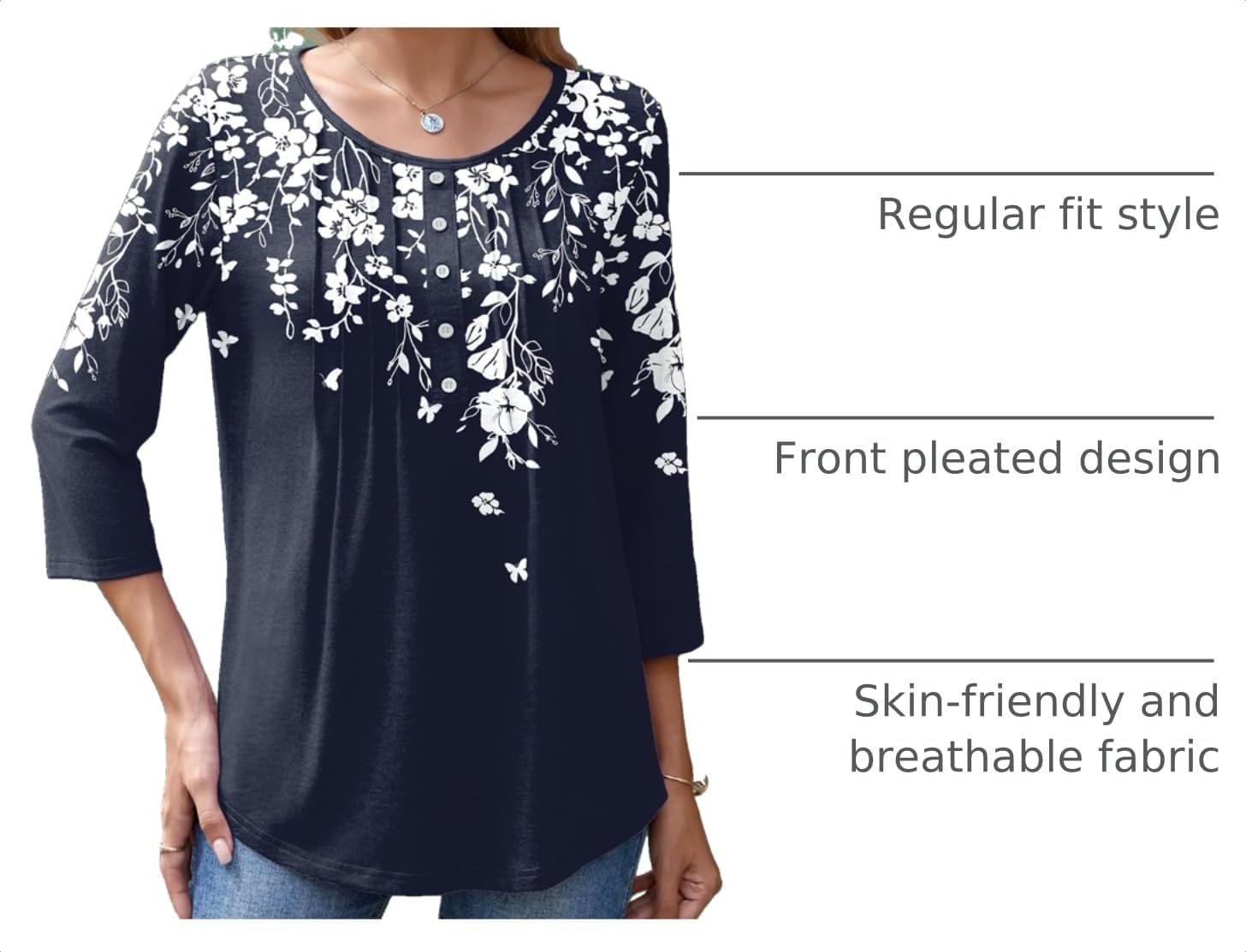 image:imageZeagoo 34 Length Sleeve Womens Tops Round Neck Casual Summer Tunic Tops Basic Tees Blouses Dressy TShirts Pleated ShirtsWhite Flowersf103