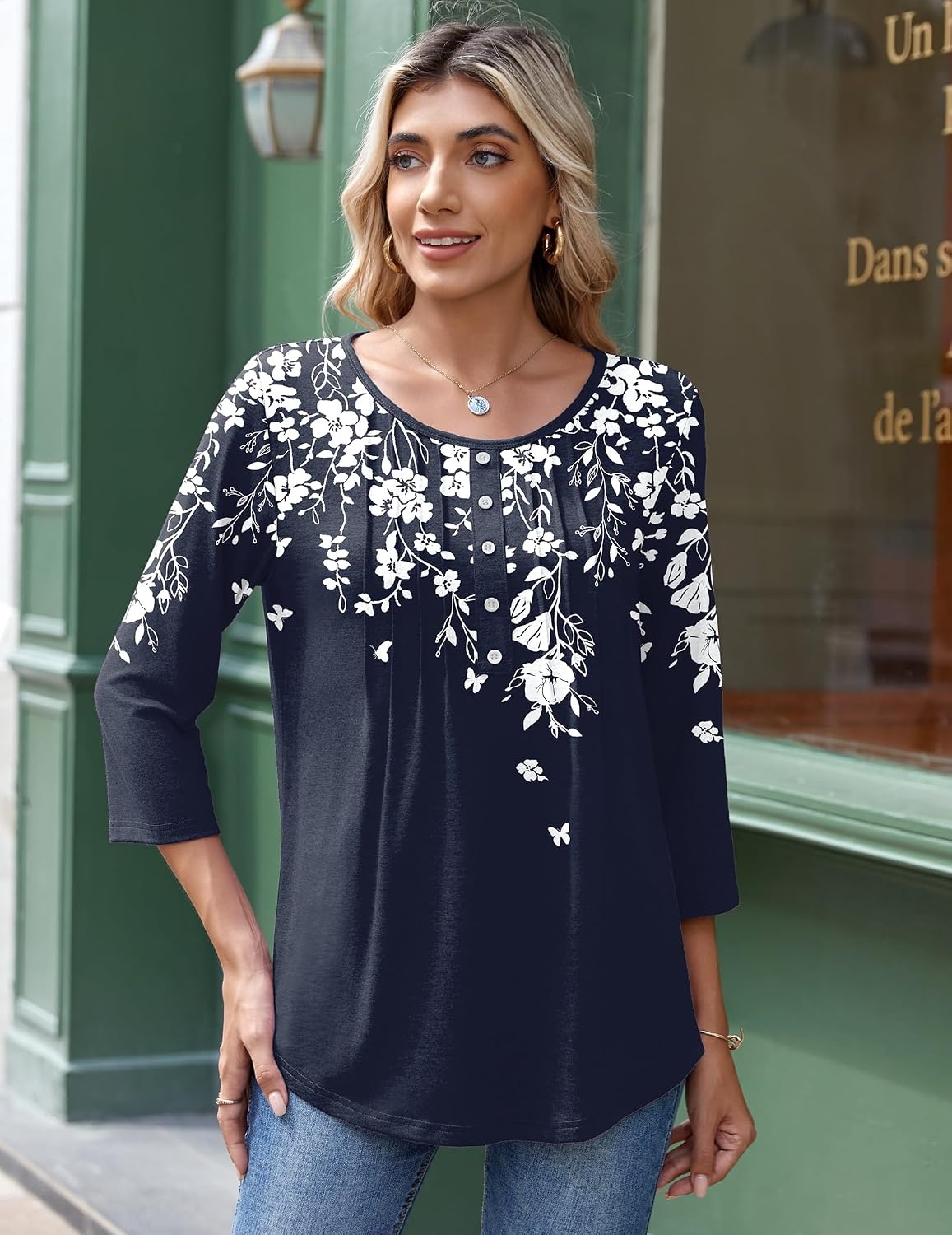 image:imageZeagoo 34 Length Sleeve Womens Tops Round Neck Casual Summer Tunic Tops Basic Tees Blouses Dressy TShirts Pleated ShirtsWhite Flowersf103