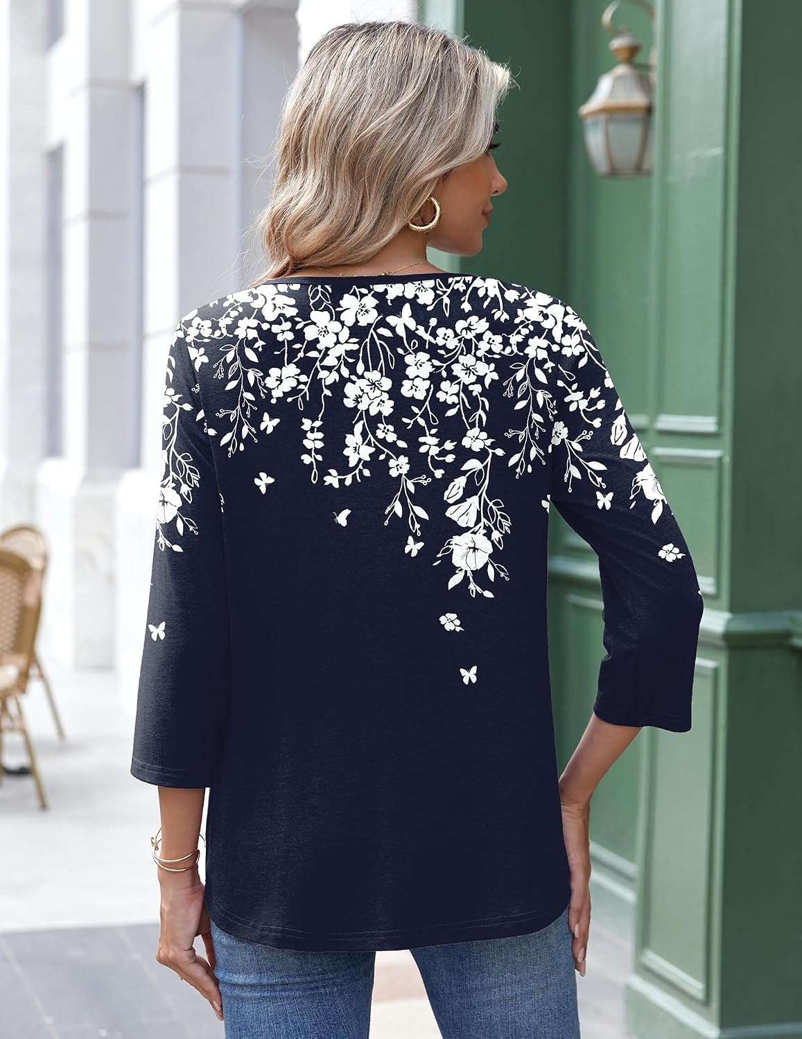 image:imageZeagoo 34 Length Sleeve Womens Tops Round Neck Casual Summer Tunic Tops Basic Tees Blouses Dressy TShirts Pleated ShirtsWhite Flowersf103