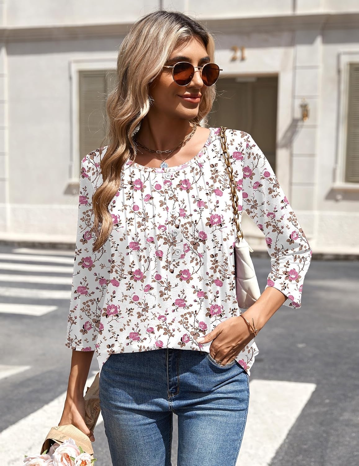 image:imageZeagoo 34 Length Sleeve Womens Tops Round Neck Casual Summer Tunic Tops Basic Tees Blouses Dressy TShirts Pleated ShirtsWhite Pink