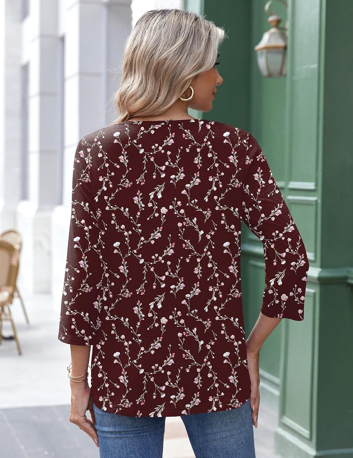 image:imageZeagoo 34 Length Sleeve Womens Tops Round Neck Casual Summer Tunic Tops Basic Tees Blouses Dressy TShirts Pleated ShirtsWine Red
