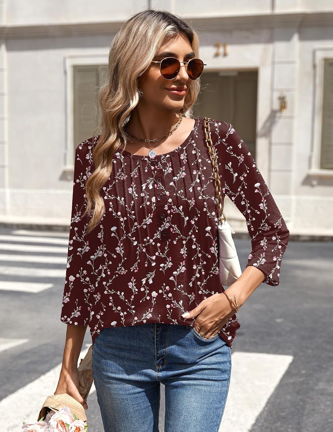 image:imageZeagoo 34 Length Sleeve Womens Tops Round Neck Casual Summer Tunic Tops Basic Tees Blouses Dressy TShirts Pleated ShirtsWine Red