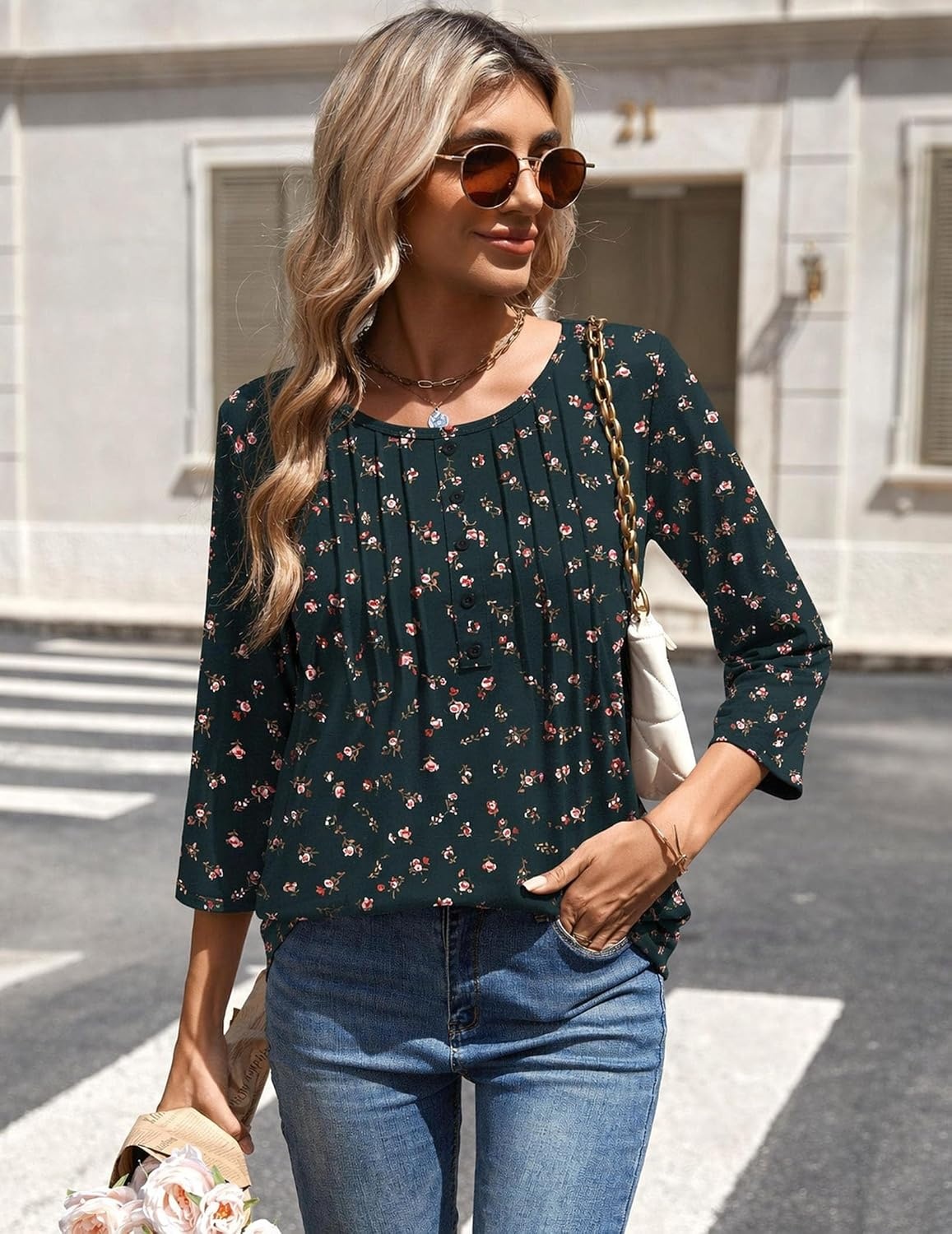 image:imageZeagoo 34 Length Sleeve Womens Tops Round Neck Casual Summer Tunic Tops Basic Tees Blouses Dressy TShirts Pleated ShirtsXh522