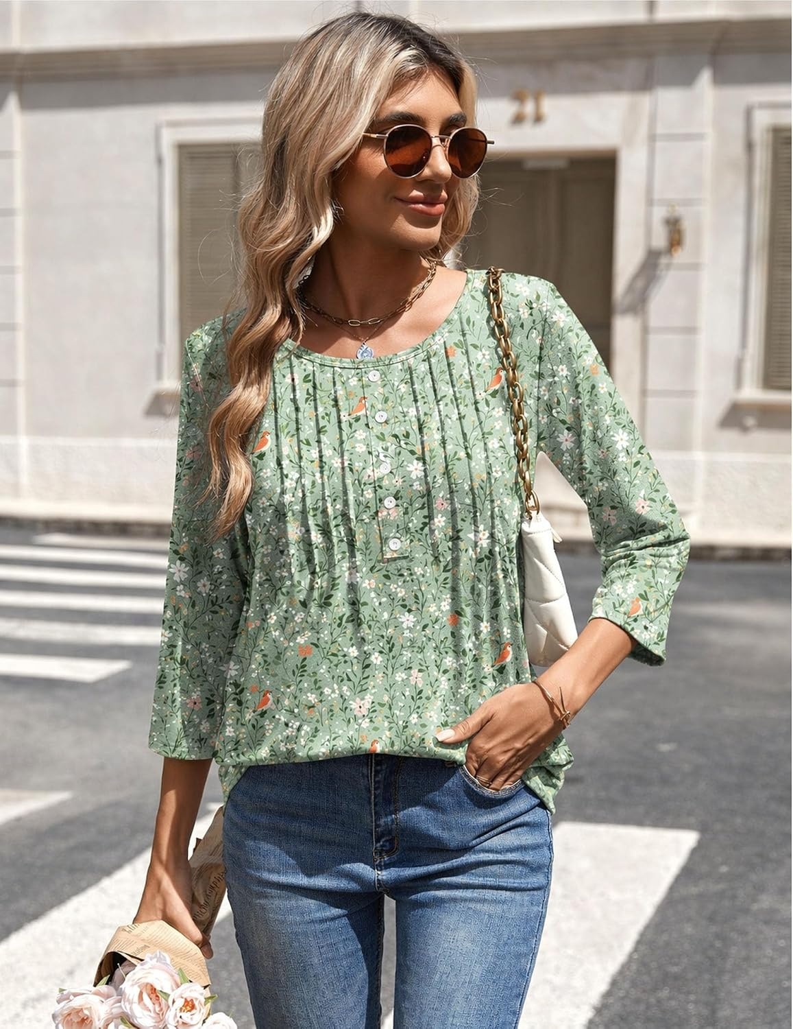 image:imageZeagoo 34 Length Sleeve Womens Tops Round Neck Casual Summer Tunic Tops Basic Tees Blouses Dressy TShirts Pleated ShirtsXh534