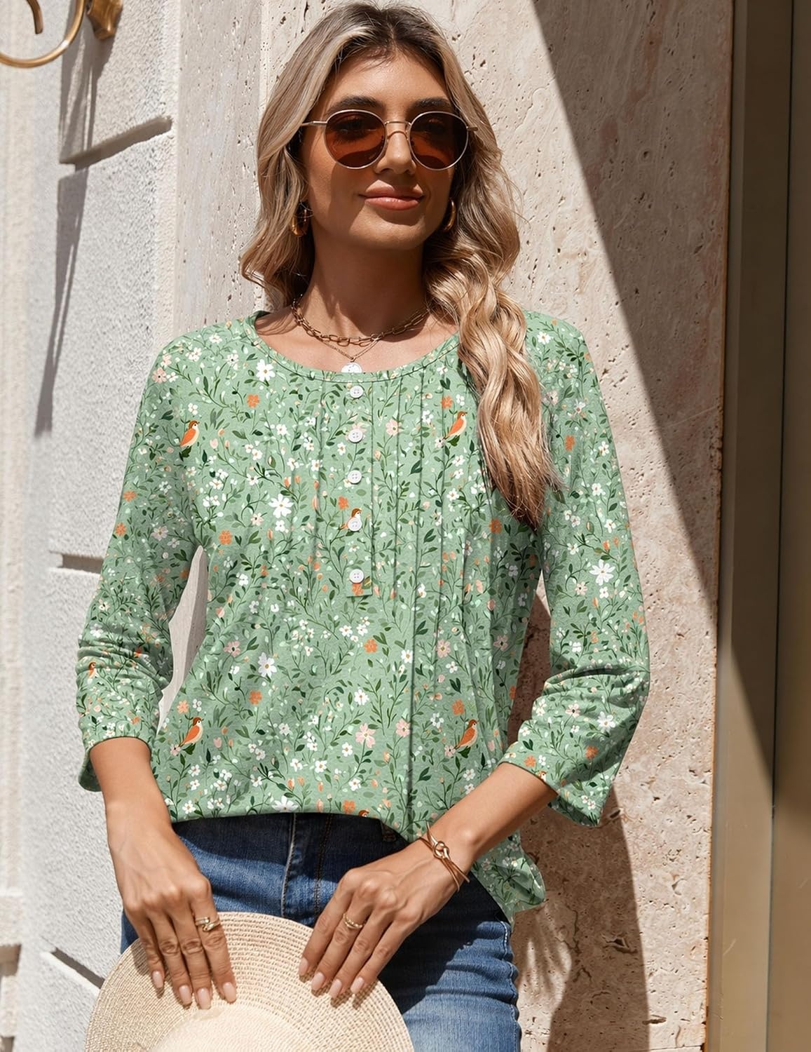 image:imageZeagoo 34 Length Sleeve Womens Tops Round Neck Casual Summer Tunic Tops Basic Tees Blouses Dressy TShirts Pleated ShirtsXh534