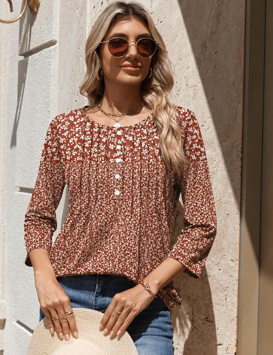 image:imageZeagoo 34 Length Sleeve Womens Tops Round Neck Casual Summer Tunic Tops Basic Tees Blouses Dressy TShirts Pleated ShirtsXh555