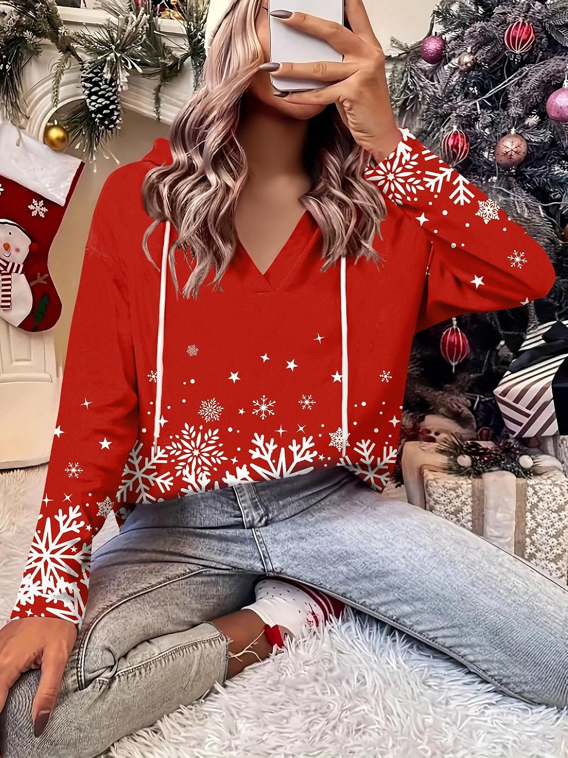 image:imageZeagoo Hoodies for Women Long Sleeve Drawstring V Neck Pullover Sweatshirts Shirts Loose Casual Fall Tops02christmas Red