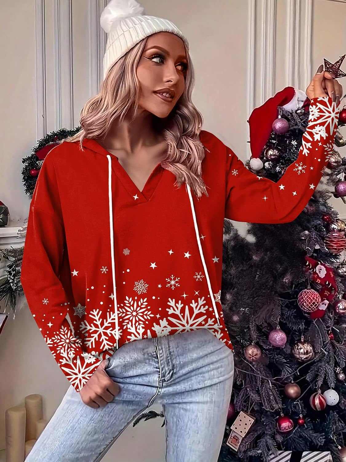 image:imageZeagoo Hoodies for Women Long Sleeve Drawstring V Neck Pullover Sweatshirts Shirts Loose Casual Fall Tops02christmas Red