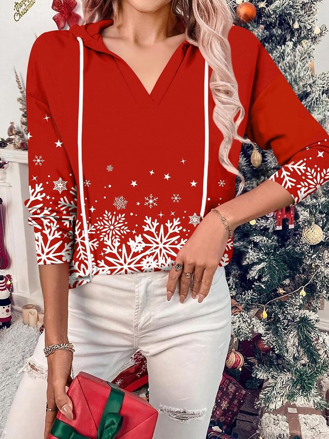 image:imageZeagoo Hoodies for Women Long Sleeve Drawstring V Neck Pullover Sweatshirts Shirts Loose Casual Fall Tops02christmas Red