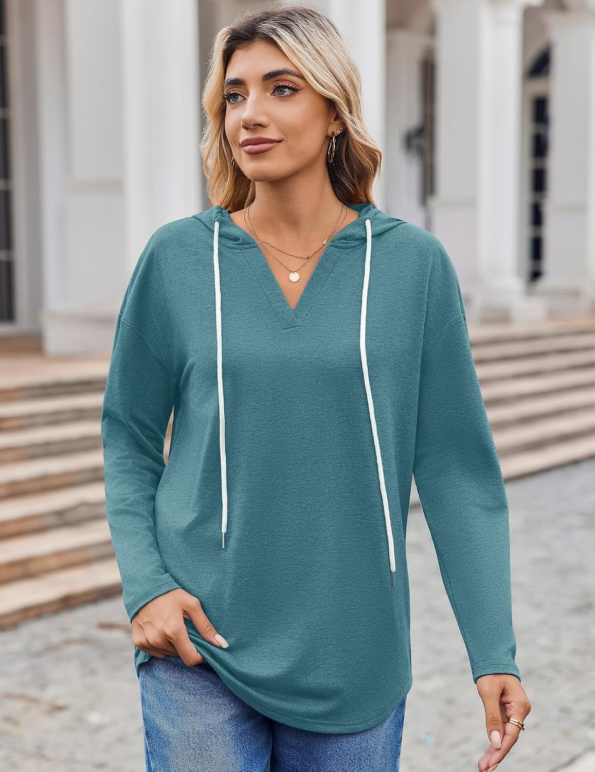 image:imageZeagoo Hoodies for Women Long Sleeve Drawstring V Neck Pullover Sweatshirts Shirts Loose Casual Fall TopsBlue Green