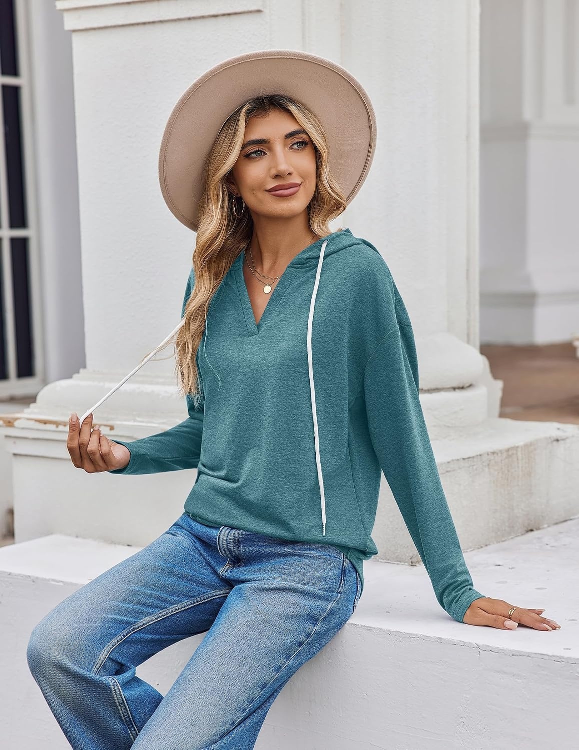 image:imageZeagoo Hoodies for Women Long Sleeve Drawstring V Neck Pullover Sweatshirts Shirts Loose Casual Fall TopsBlue Green