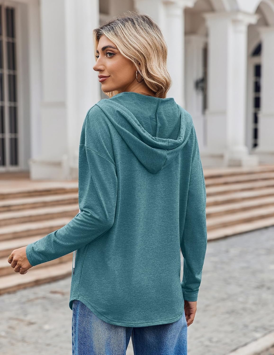 image:imageZeagoo Hoodies for Women Long Sleeve Drawstring V Neck Pullover Sweatshirts Shirts Loose Casual Fall TopsBlue Green