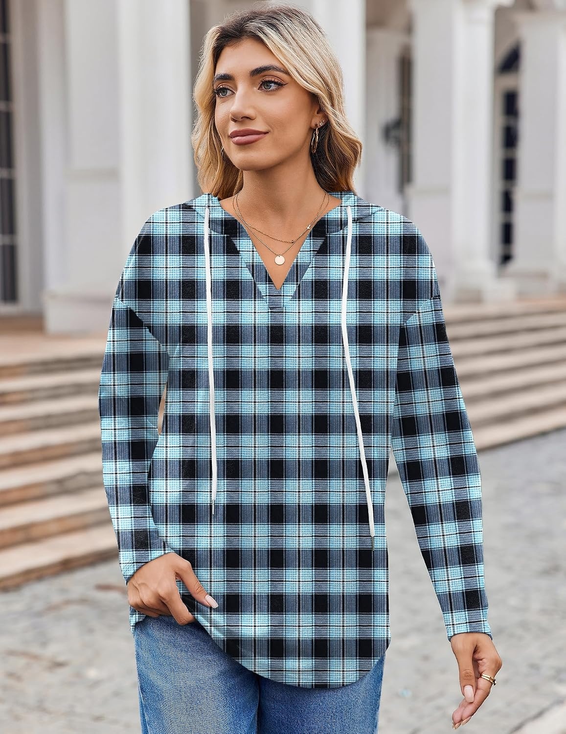image:imageZeagoo Hoodies for Women Long Sleeve Drawstring V Neck Pullover Sweatshirts Shirts Loose Casual Fall TopsBlue Plaid