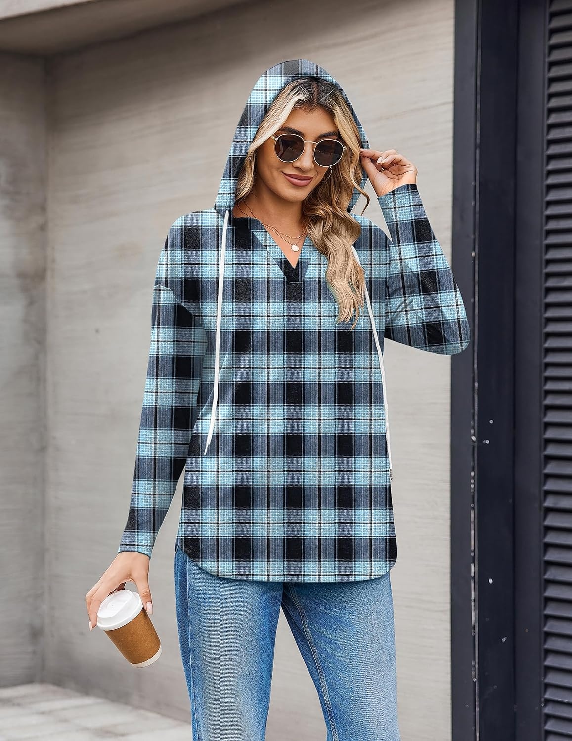 image:imageZeagoo Hoodies for Women Long Sleeve Drawstring V Neck Pullover Sweatshirts Shirts Loose Casual Fall TopsBlue Plaid