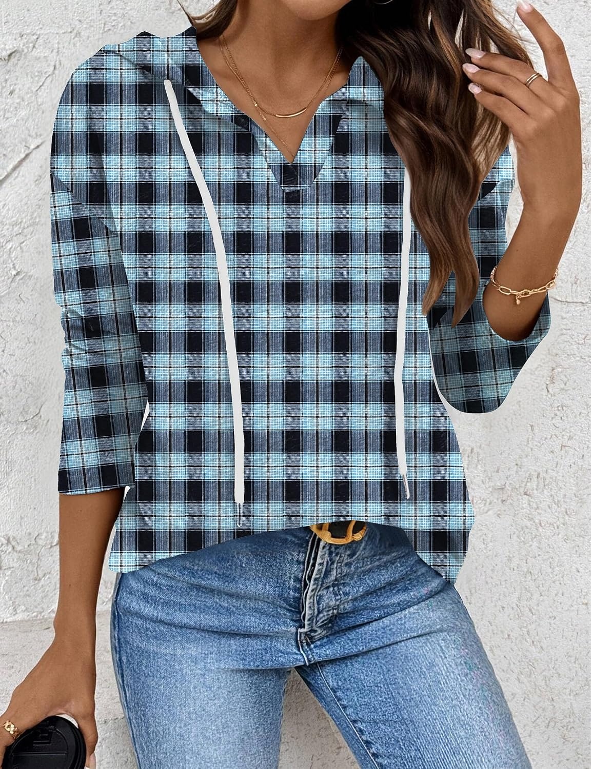 image:imageZeagoo Hoodies for Women Long Sleeve Drawstring V Neck Pullover Sweatshirts Shirts Loose Casual Fall TopsBlue Plaid