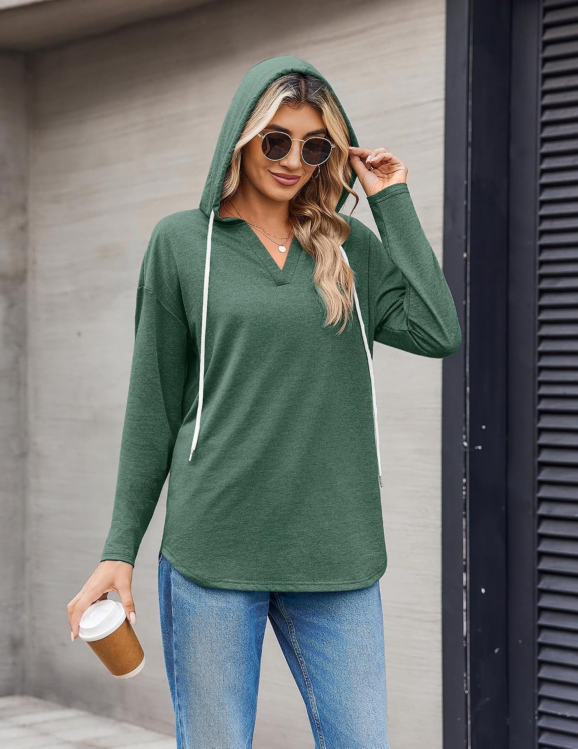 image:imageZeagoo Hoodies for Women Long Sleeve Drawstring V Neck Pullover Sweatshirts Shirts Loose Casual Fall TopsGreen