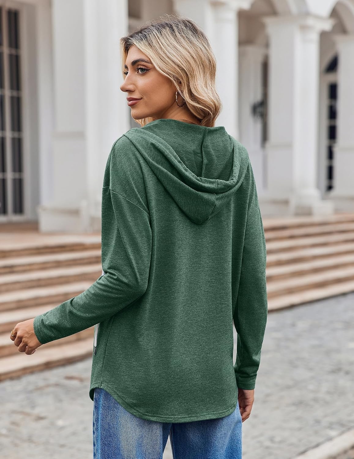 image:imageZeagoo Hoodies for Women Long Sleeve Drawstring V Neck Pullover Sweatshirts Shirts Loose Casual Fall TopsGreen