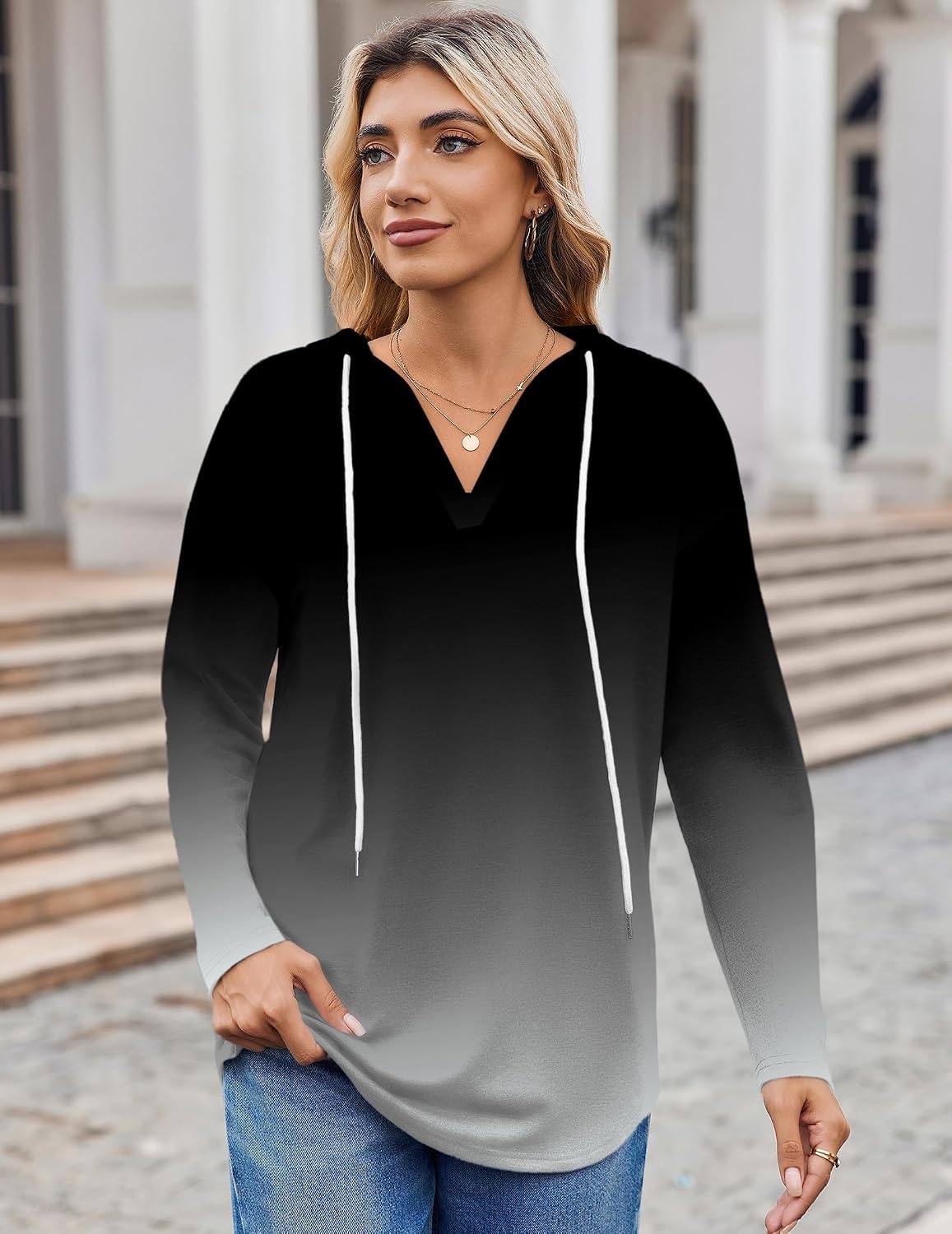 image:imageZeagoo Hoodies for Women Long Sleeve Drawstring V Neck Pullover Sweatshirts Shirts Loose Casual Fall TopsGrey Gradient