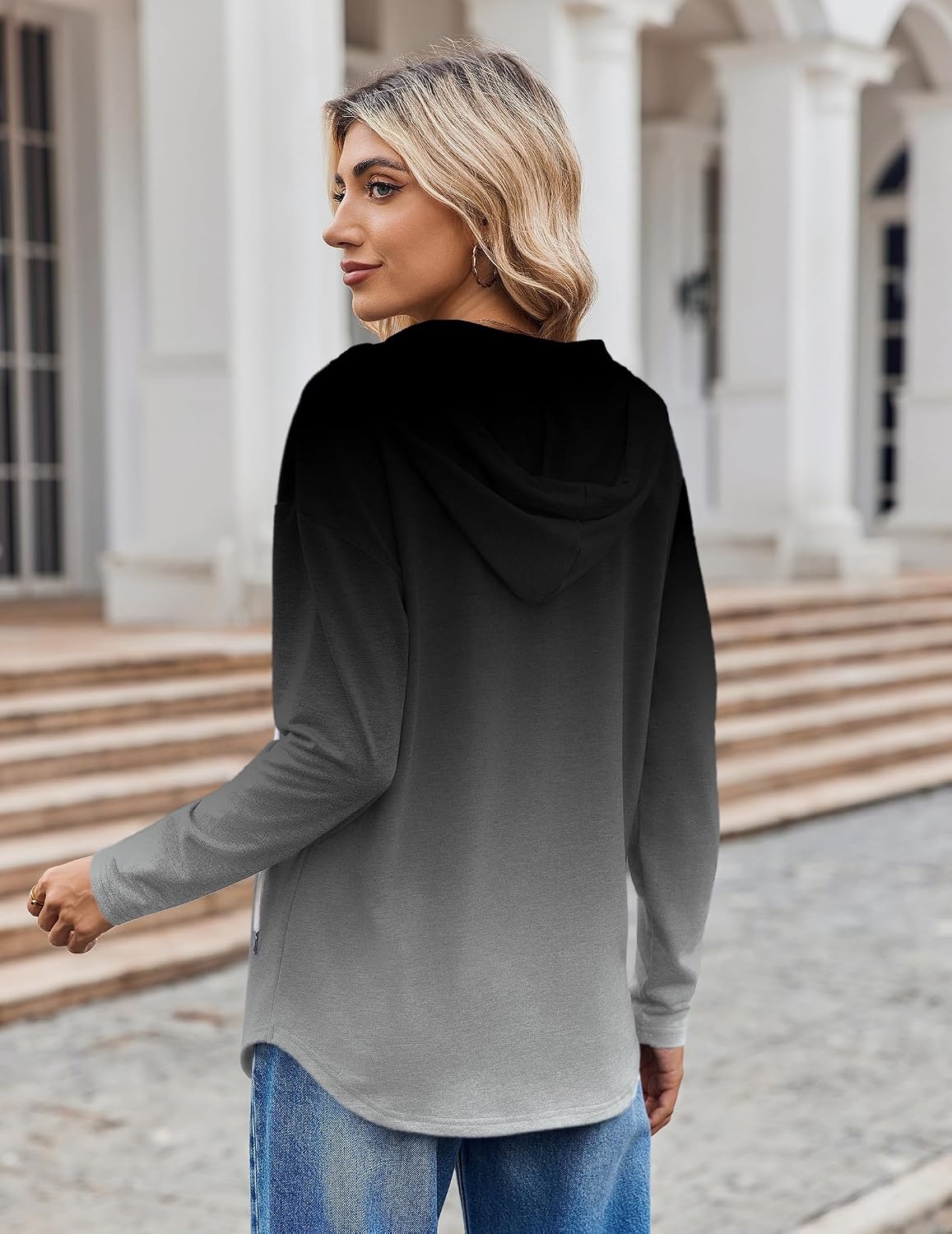 image:imageZeagoo Hoodies for Women Long Sleeve Drawstring V Neck Pullover Sweatshirts Shirts Loose Casual Fall TopsGrey Gradient