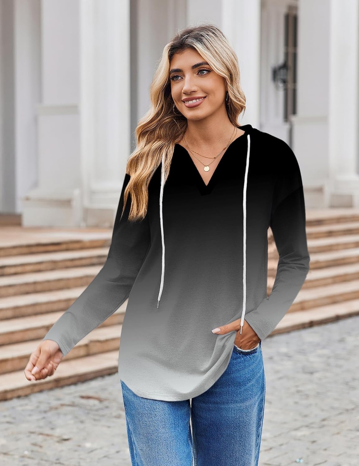 image:imageZeagoo Hoodies for Women Long Sleeve Drawstring V Neck Pullover Sweatshirts Shirts Loose Casual Fall TopsGrey Gradient