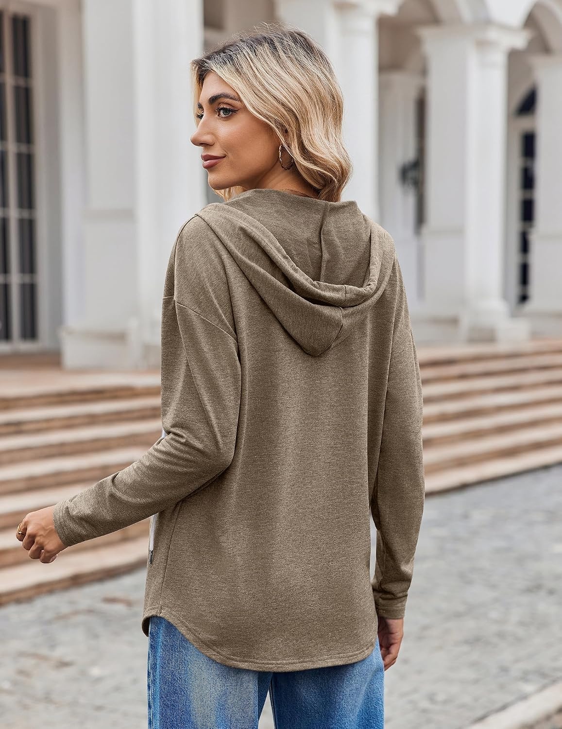 image:imageZeagoo Hoodies for Women Long Sleeve Drawstring V Neck Pullover Sweatshirts Shirts Loose Casual Fall TopsKhaki