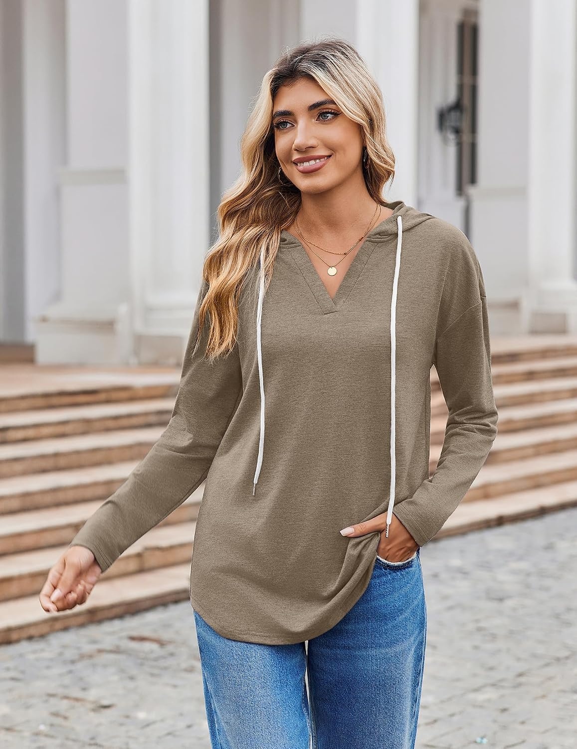 image:imageZeagoo Hoodies for Women Long Sleeve Drawstring V Neck Pullover Sweatshirts Shirts Loose Casual Fall TopsKhaki