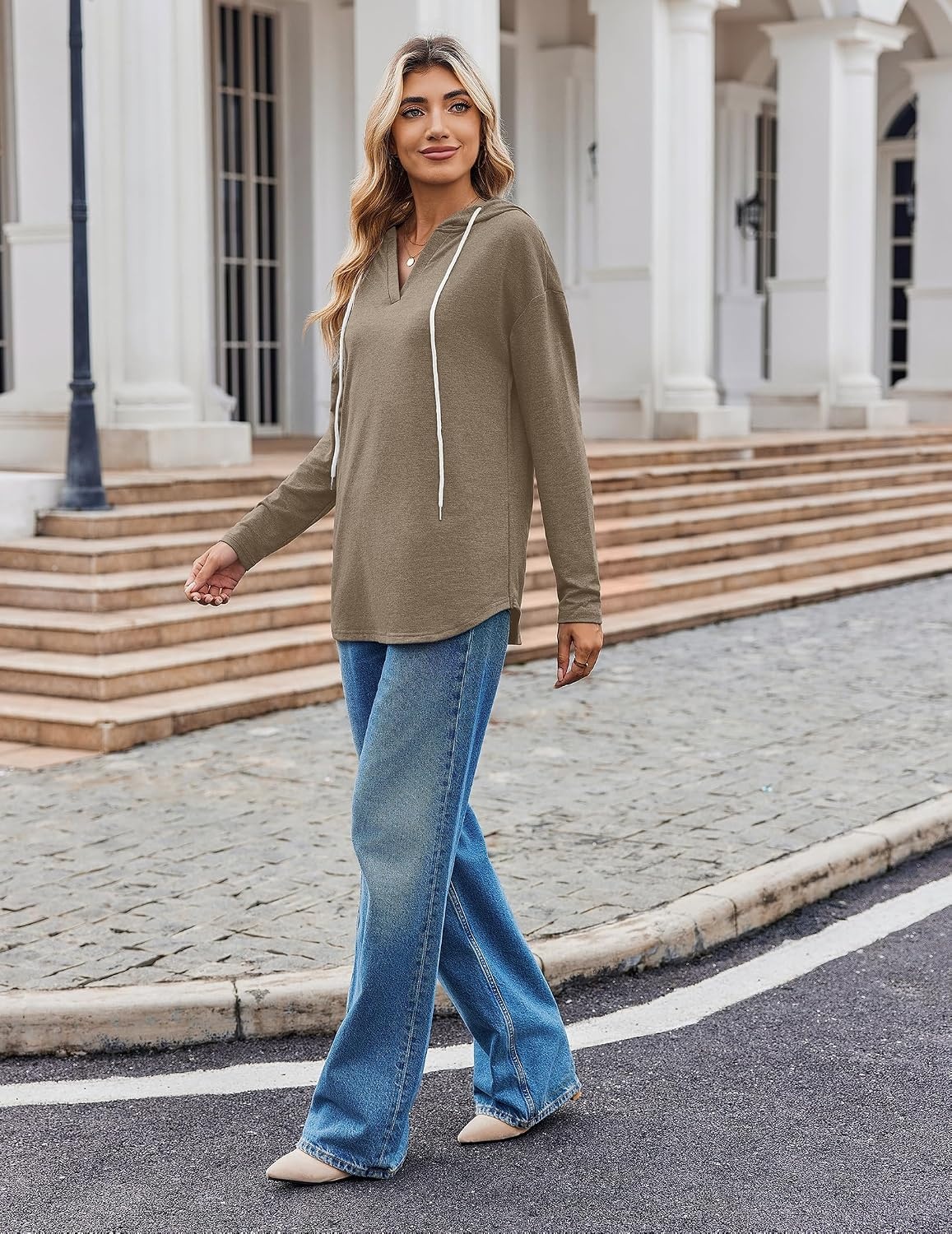 image:imageZeagoo Hoodies for Women Long Sleeve Drawstring V Neck Pullover Sweatshirts Shirts Loose Casual Fall TopsKhaki