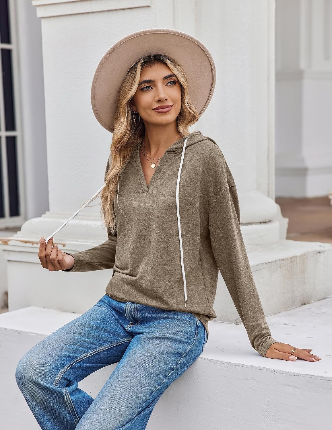 image:imageZeagoo Hoodies for Women Long Sleeve Drawstring V Neck Pullover Sweatshirts Shirts Loose Casual Fall TopsKhaki
