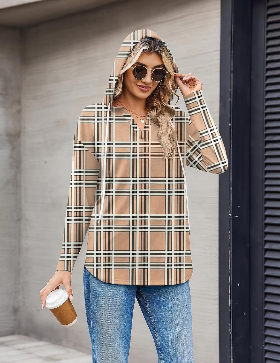 image:imageZeagoo Hoodies for Women Long Sleeve Drawstring V Neck Pullover Sweatshirts Shirts Loose Casual Fall TopsKhaki Plaid