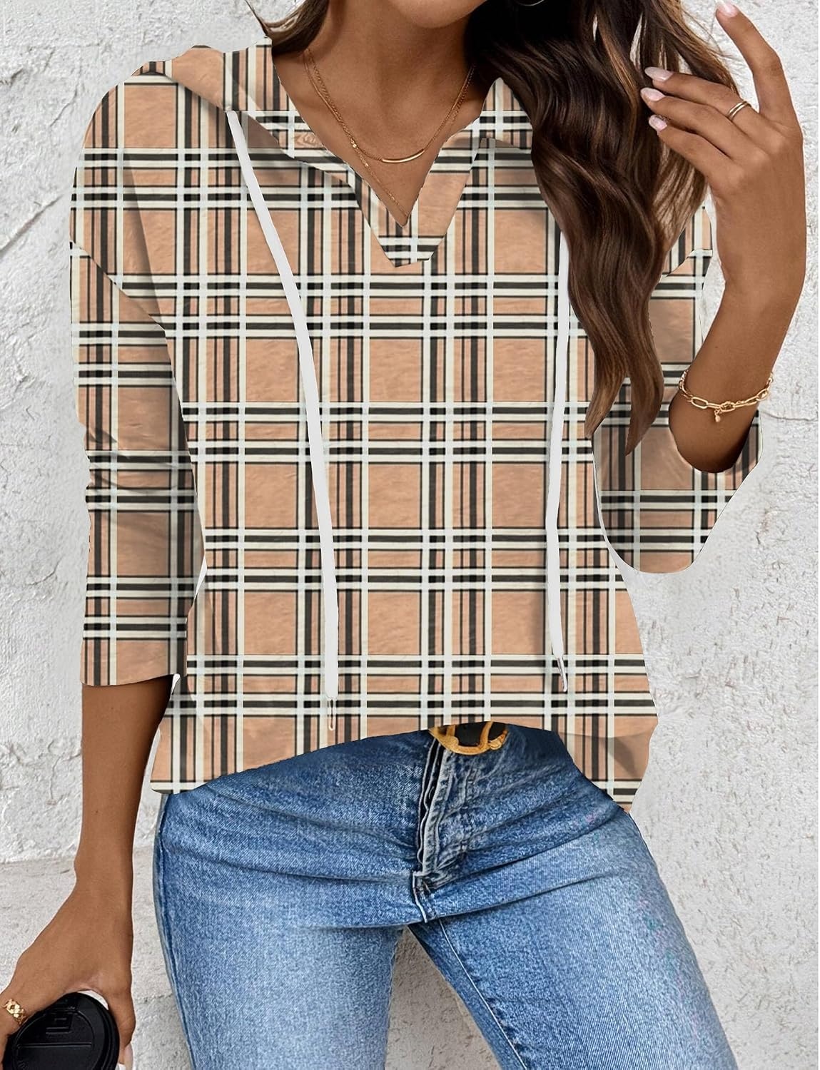 image:imageZeagoo Hoodies for Women Long Sleeve Drawstring V Neck Pullover Sweatshirts Shirts Loose Casual Fall TopsKhaki Plaid