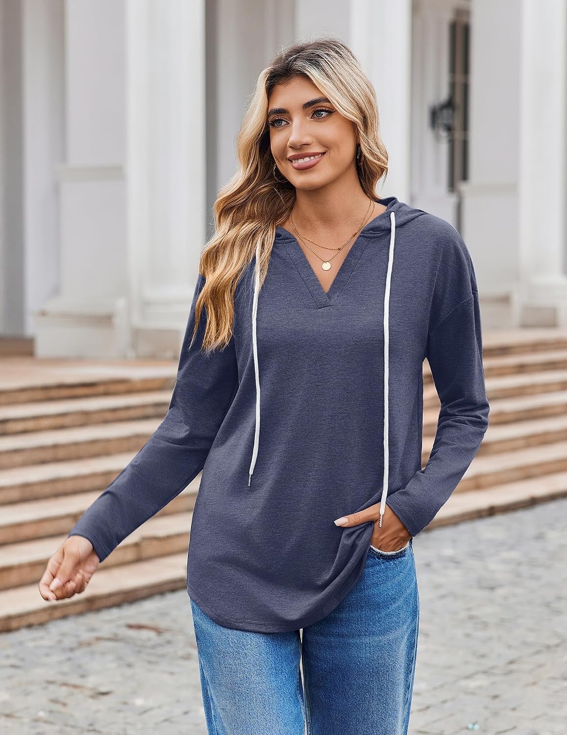 image:imageZeagoo Hoodies for Women Long Sleeve Drawstring V Neck Pullover Sweatshirts Shirts Loose Casual Fall TopsNavy Blue