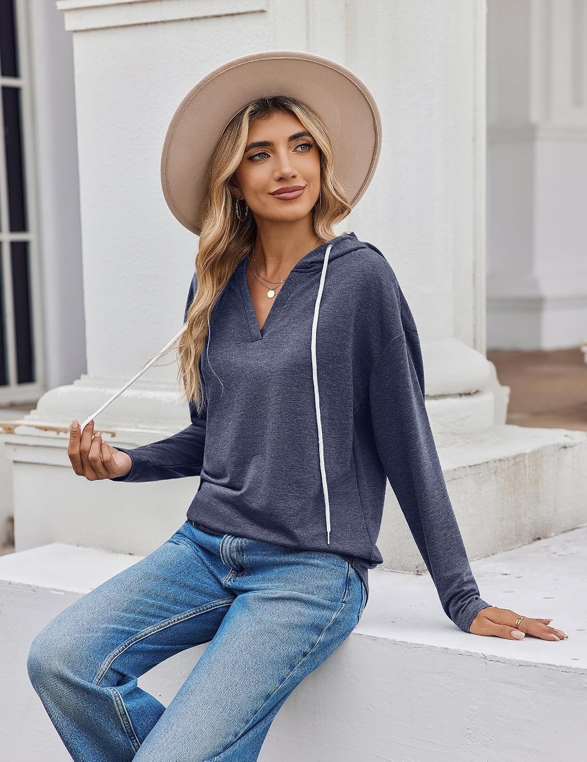 image:imageZeagoo Hoodies for Women Long Sleeve Drawstring V Neck Pullover Sweatshirts Shirts Loose Casual Fall TopsNavy Blue