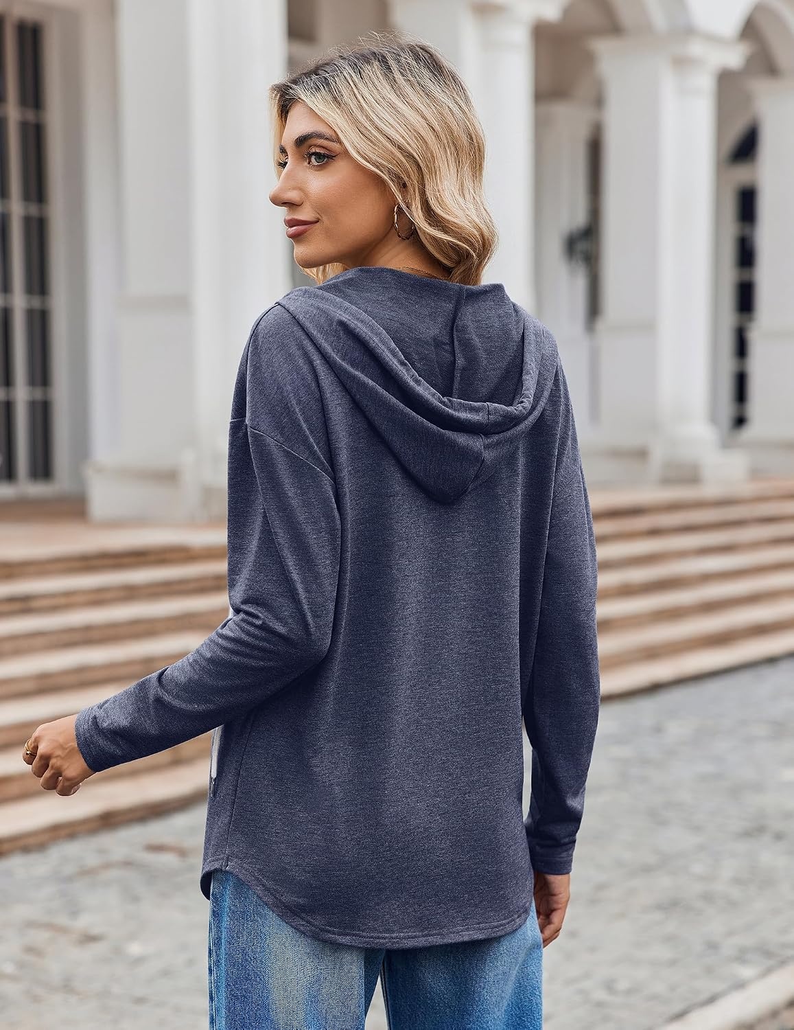 image:imageZeagoo Hoodies for Women Long Sleeve Drawstring V Neck Pullover Sweatshirts Shirts Loose Casual Fall TopsNavy Blue