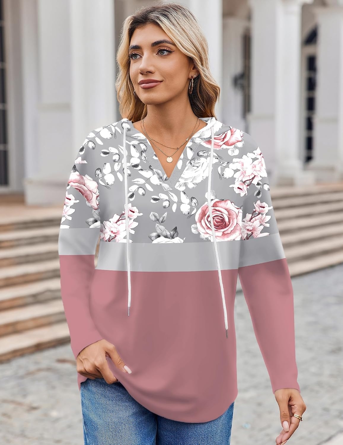 image:imageZeagoo Hoodies for Women Long Sleeve Drawstring V Neck Pullover Sweatshirts Shirts Loose Casual Fall TopsPeony Pink