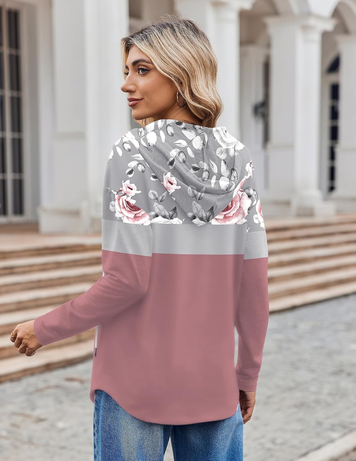 image:imageZeagoo Hoodies for Women Long Sleeve Drawstring V Neck Pullover Sweatshirts Shirts Loose Casual Fall TopsPeony Pink