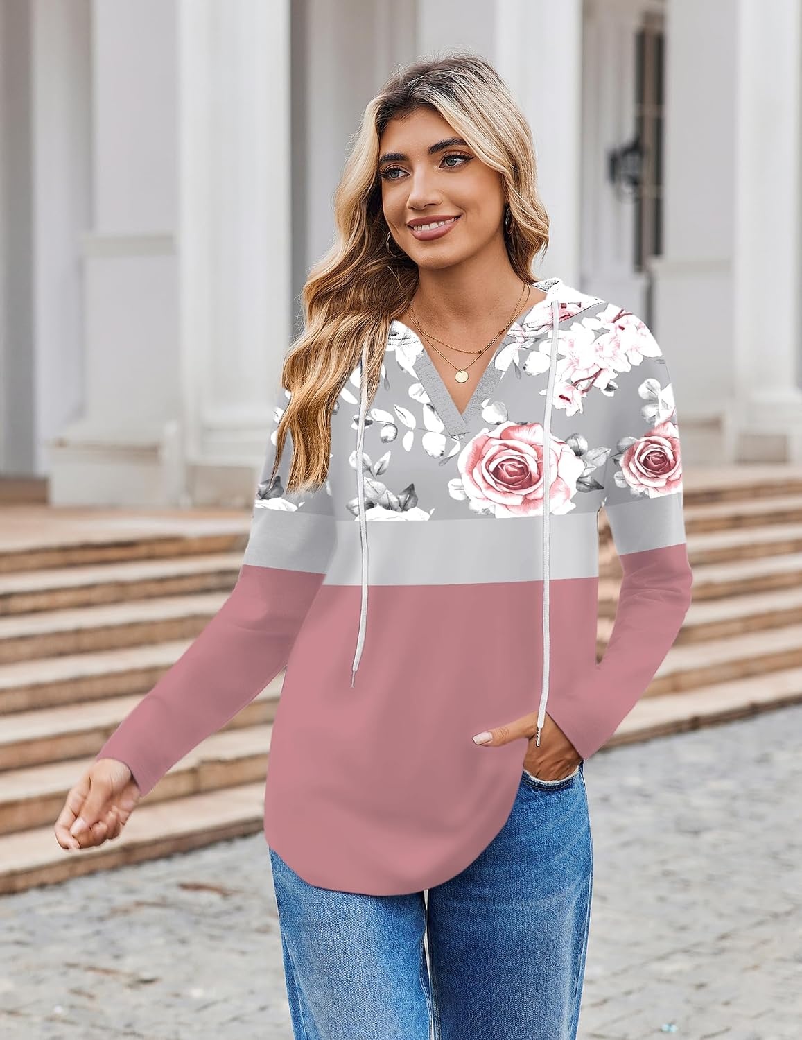 image:imageZeagoo Hoodies for Women Long Sleeve Drawstring V Neck Pullover Sweatshirts Shirts Loose Casual Fall TopsPeony Pink