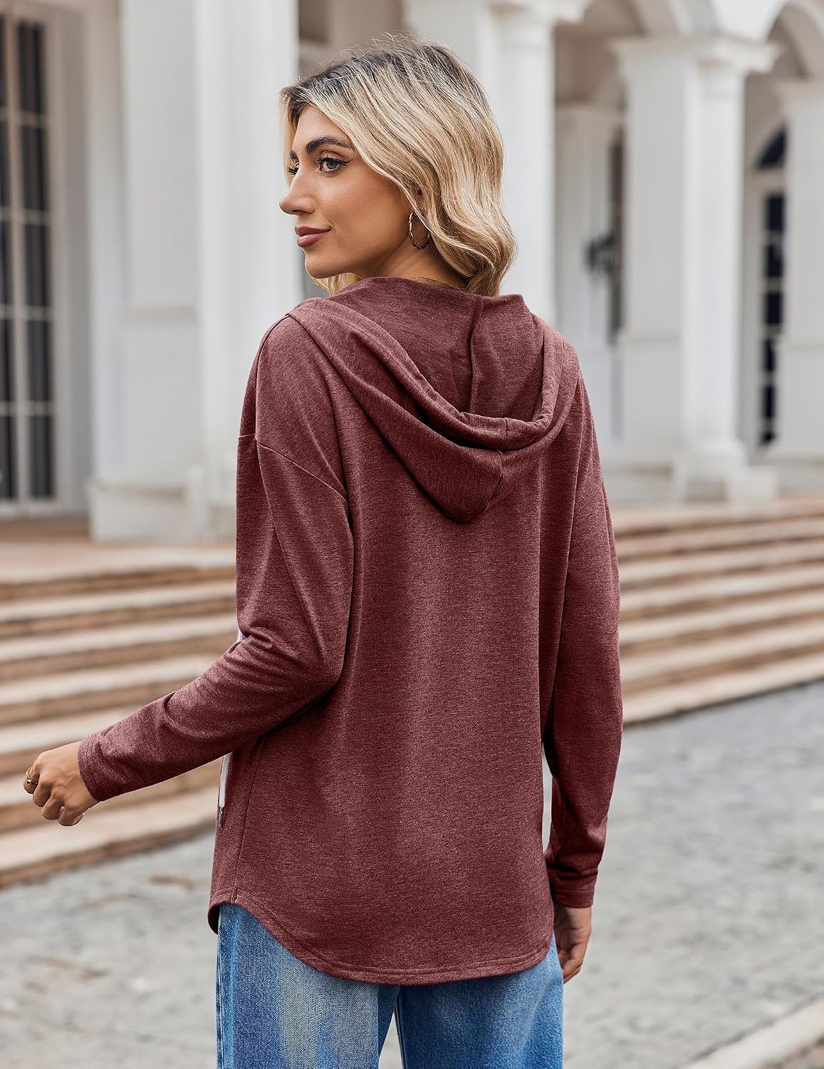 image:imageZeagoo Hoodies for Women Long Sleeve Drawstring V Neck Pullover Sweatshirts Shirts Loose Casual Fall TopsWine Red