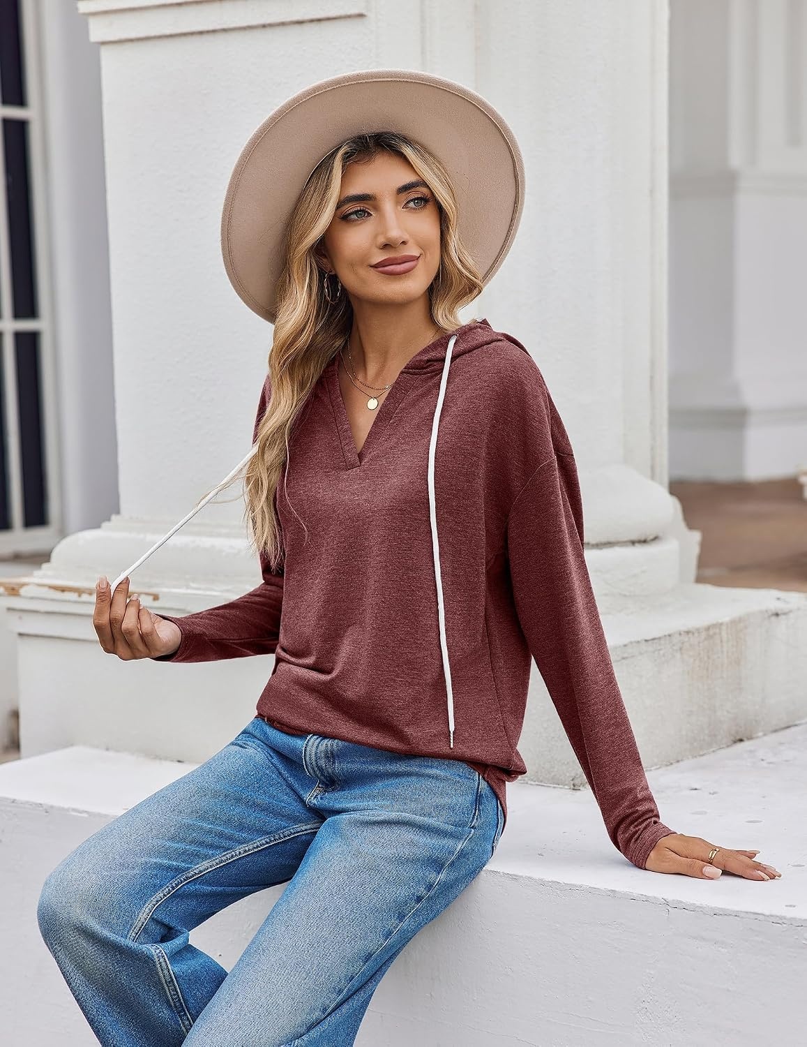image:imageZeagoo Hoodies for Women Long Sleeve Drawstring V Neck Pullover Sweatshirts Shirts Loose Casual Fall TopsWine Red