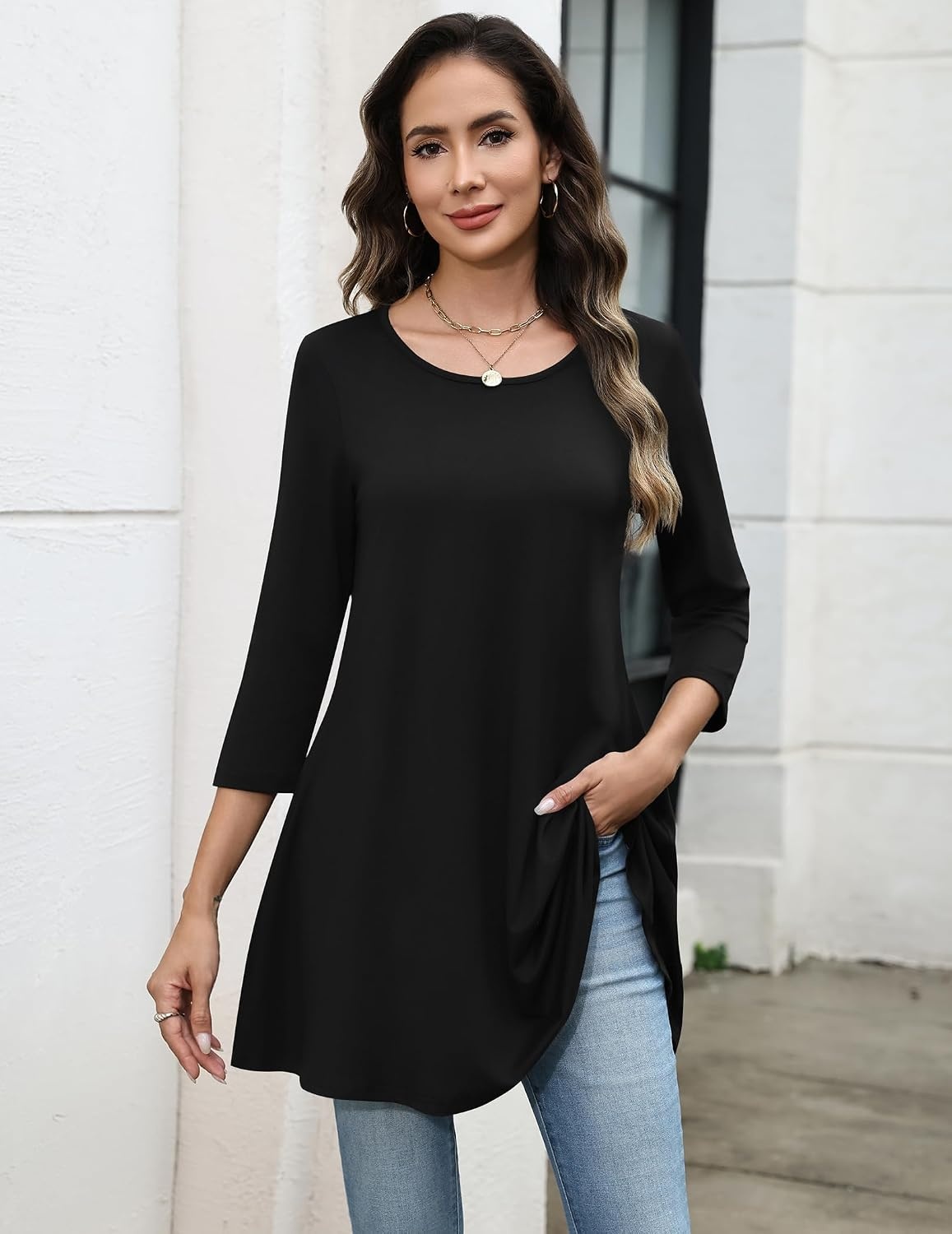 image:imageZeagoo Women Tops 34 Sleeve Dressy Casual Plus Size Tunics Loose BlousesBlack